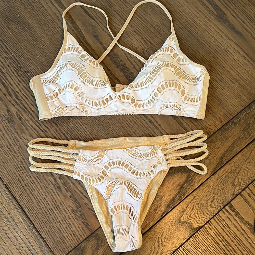 Luli Fama Swim Set L Top M Bottom White and Gold